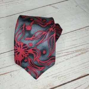 Perry Ellis Portfolio Dark Grey Pink Floral Design %100 Silk U.S.A Made Tie